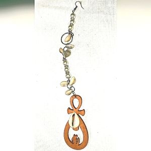 NEW Handcrafted Single Earring! Wood Ankh Gye Nyame, Cowries Faux Pearls Crystal